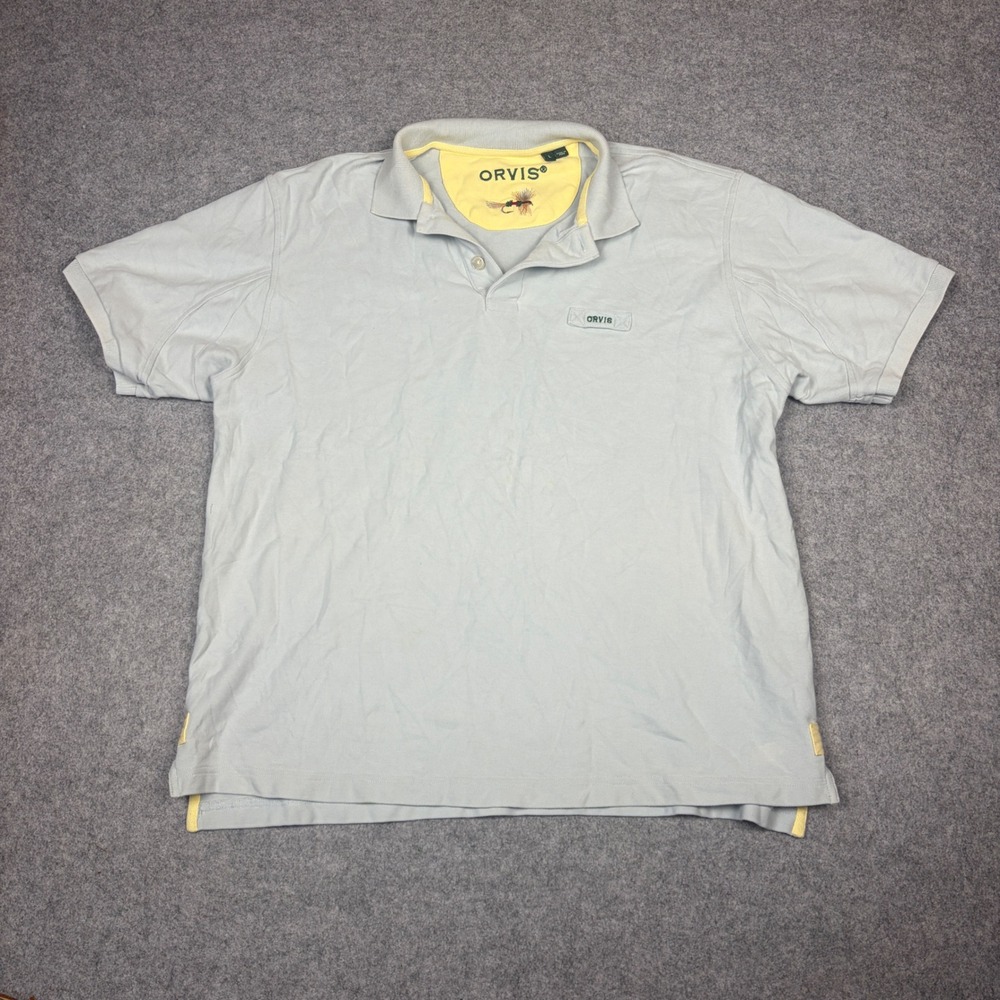 Orvis Mens Large Light Blue Short Sleeve Pique Polo Shirt Fly Fishing Graphic